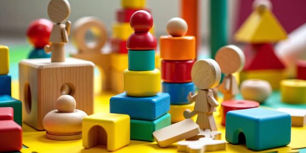 Bunte Holzspielzeuge für Kinder auf einer Spielmatte.