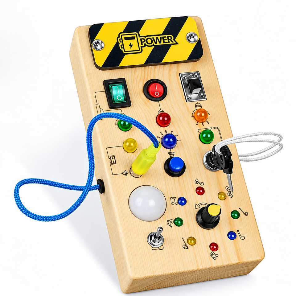 TinyTech – Busy Board aus Holz mit Lichtern und Schaltern – Lernspielzeug