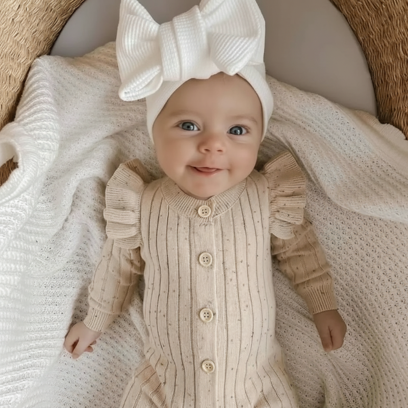 MiniAurora – Zart & elegant – Gestrickter Baby-Strampler mit Engelsflügeln und Stirnband