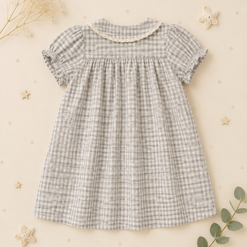 Check Dress – Weich & atmungsaktiv – Klassischer Kragen mit Puffärmeln