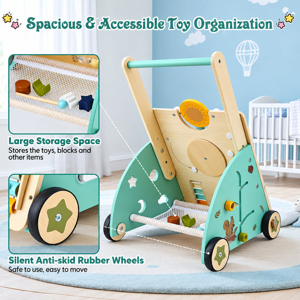 WoodenSteps – Natürlich & Lernfördernd – Baby-Lauflernwagen aus Holz mit Spieltafeln