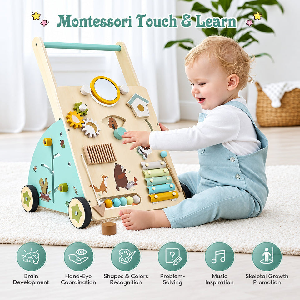 WoodenSteps – Natürlich & Lernfördernd – Baby-Lauflernwagen aus Holz mit Spieltafeln