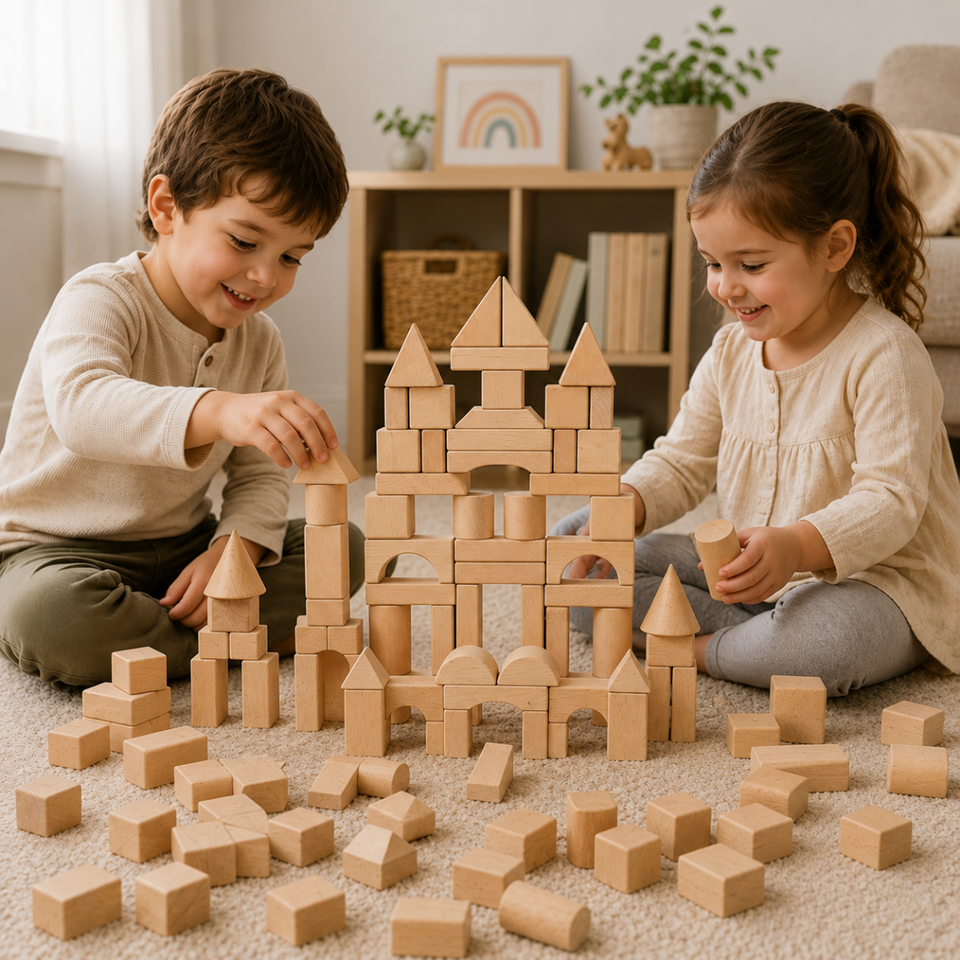 BlockyFun – Kreativ & Lernfördernd – 100-teiliges Holzbauklötze-Set