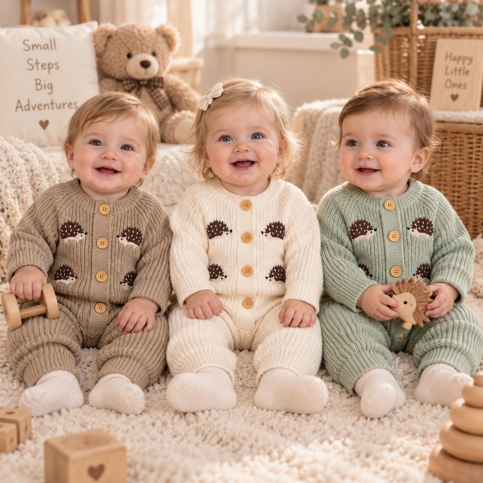 CozyHedge – Weich & warm – Gestrickter Baby-Strampler mit Igel-Motiv