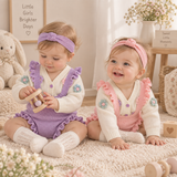 FloraKnit – Weich & niedlich – Baby-Outfit mit Strickjacke, Latzhose und Haarband