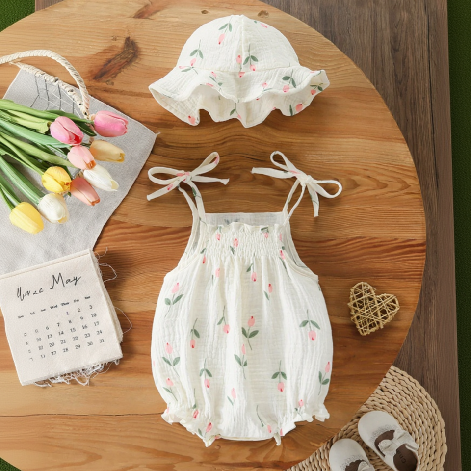 LittleBlossom – Sommerlich, bequem und stilvoll – Baby-Sling-Body mit Hut