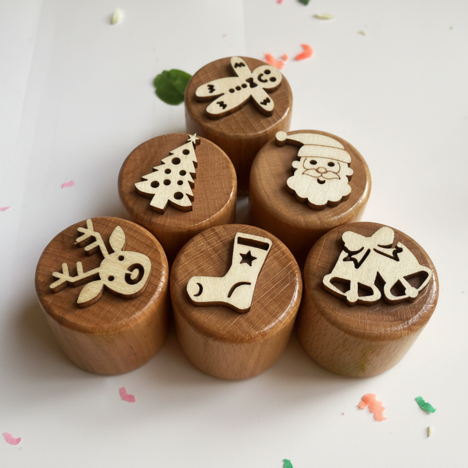 WoodStamp – Montessori & Kreativ – 6 Stück Holz-Knetstempel