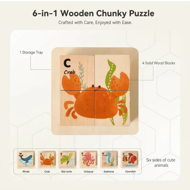WoodMind – Kreativ & lehrreich – 6-in-1 Montessori-Tier-Holzpuzzle