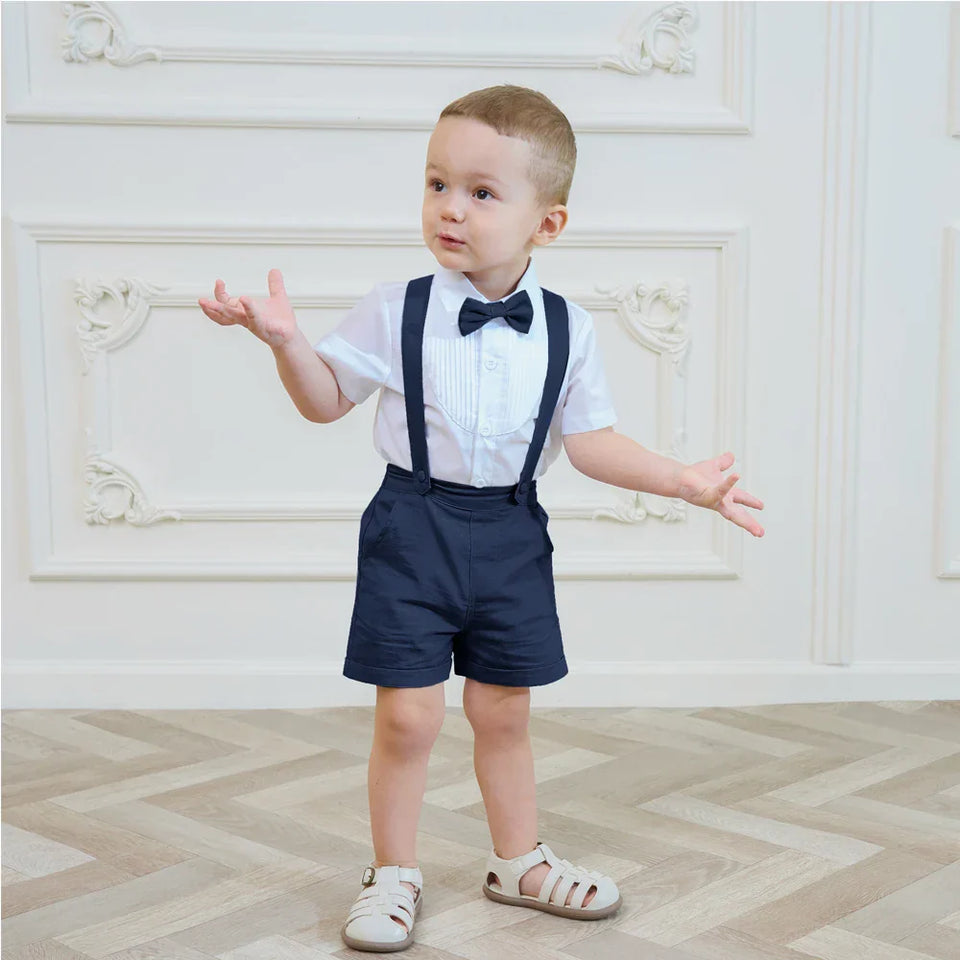 LittleDandy – Klassisch & Elegant – Baumwollshorts mit Hosenträgern, Schleife & Hemd